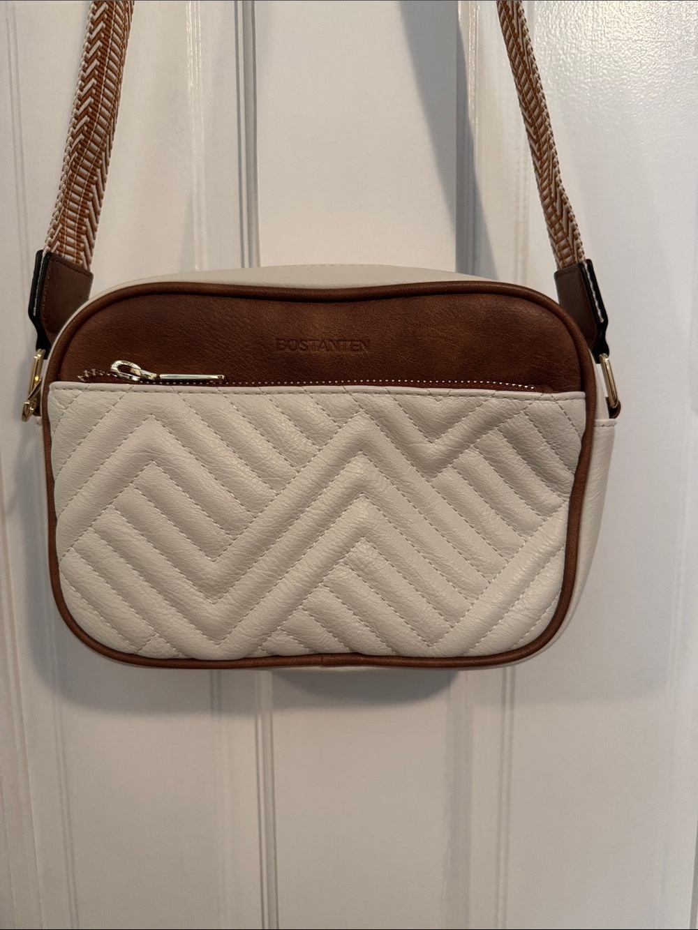 Bostanten Cream and Brown Quilted Crossbody Bag
